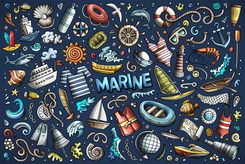 Vector doodle cartoon set of Marine theme items, objects and symbols Illustrazione stock