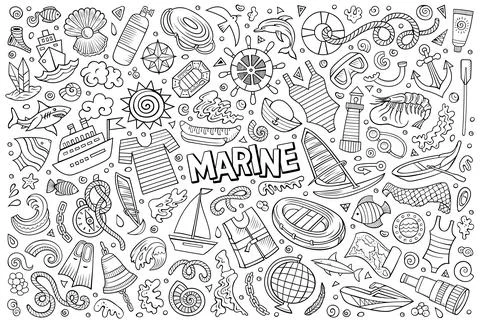 Vector doodle cartoon set of Marine theme items, objects and symbols Illustrazione stock