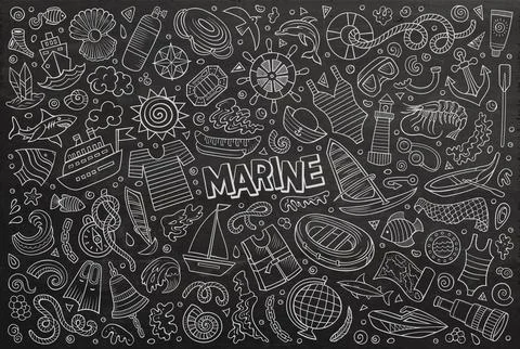 Vector doodle cartoon set of Marine theme items, objects and symbols Stock Illustration