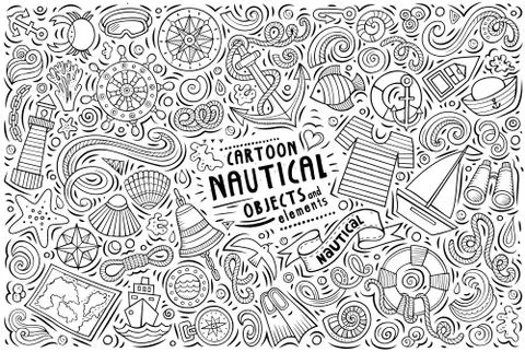 Vector doodle cartoon set of Nautical objects Stock Illustration