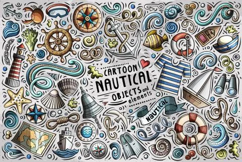 Vector doodle cartoon set of Nautical objects Illustrazione stock