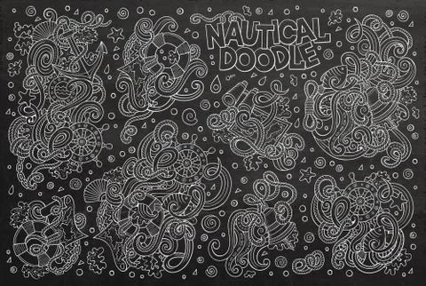 Vector Doodle cartoon set nautical objects and symbols Illustrazione stock