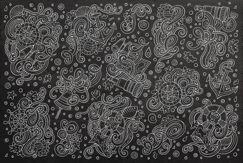 Vector Doodle cartoon set nautical objects and symbols Illustrazione stock