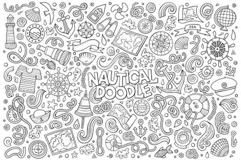 Vector Doodle cartoon set nautical objects and symbols Stock Illustration