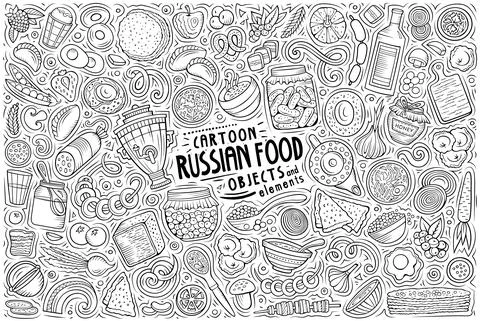 Vector doodle cartoon set of Russian food theme objects and symbols Stock Illustration