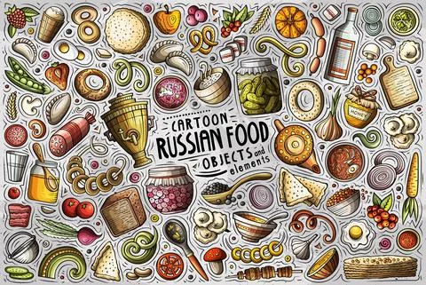 Vector doodle cartoon set of Russian food theme objects and symbols Stock Illustration