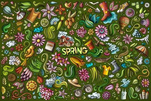 Vector doodle cartoon set of Spring objects and symbols Illustrazione stock