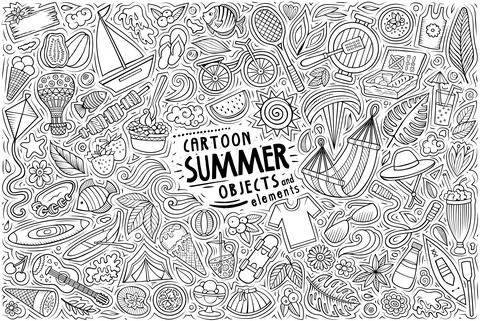 Vector doodle cartoon set of Summer theme objects and symbols Stock Illustration