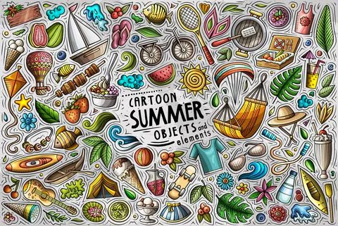Vector doodle cartoon set of Summer theme objects and symbols Stock Illustration