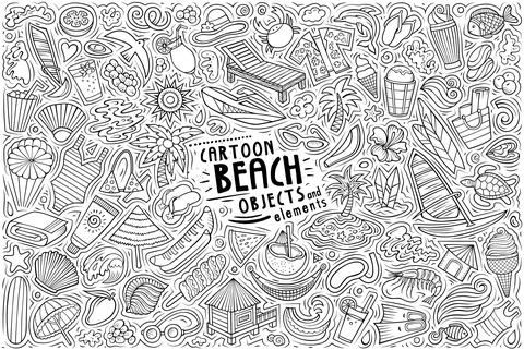 Vector doodle cartoon set of Summer beach theme objects and symbols Stock Illustration
