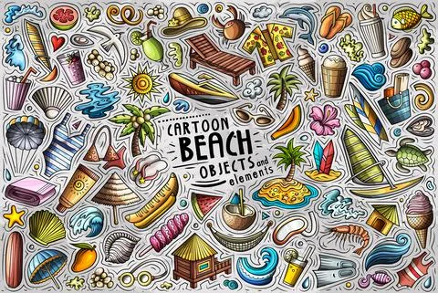 Vector doodle cartoon set of Summer beach theme objects and symbols Stock Illustration