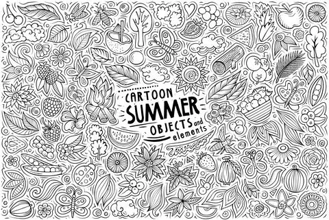Vector doodle cartoon set of Summer nature theme objects and symbols Stock Illustration
