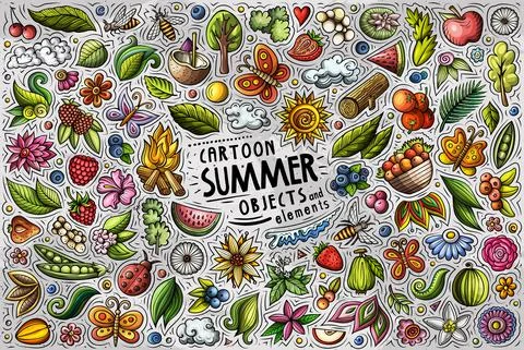 Vector doodle cartoon set of Summer nature theme objects and symbols Stock Illustration
