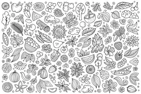 Vector doodle cartoon set of Summer nature theme objects and symbols Illustrazione stock