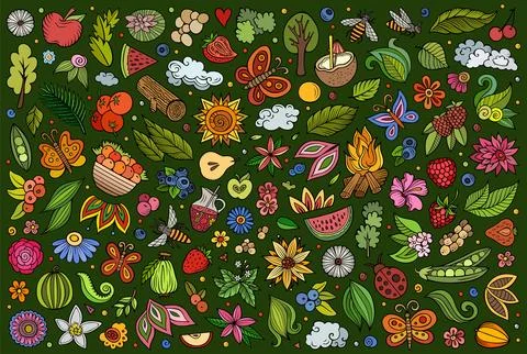 Vector doodle cartoon set of Summer nature theme objects and symbols Ilustração Stock