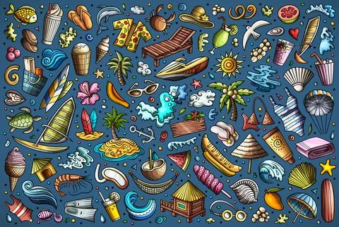 Vector doodle cartoon set of Summer beach theme objects and symbols Stock Illustration