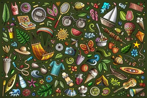 Vector doodle cartoon set of Summer theme objects and symbols Stock Illustration