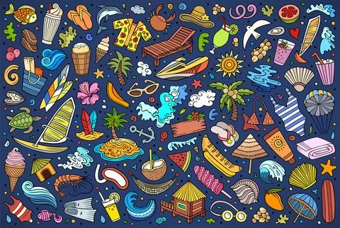 Vector doodle cartoon set of Summer beach theme objects and symbols 스톡 일러스트