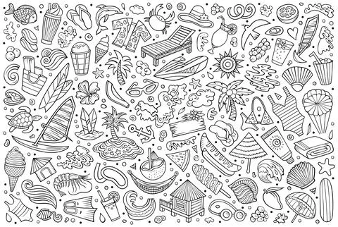 Vector doodle cartoon set of Summer beach theme objects and symbols Stock Illustration