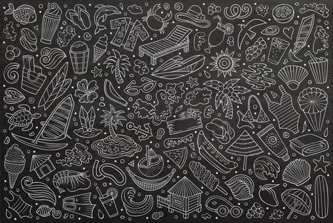 Vector doodle cartoon set of Summer beach theme objects and symbols Stock Illustration