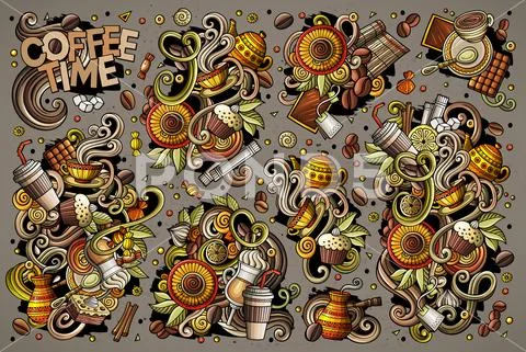 Vector Doodle Cartoon Set Of Tea And Coffee Objects
