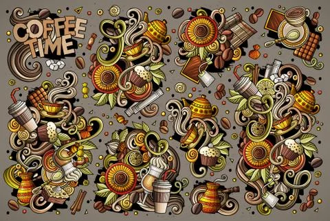 Vector doodle cartoon set of tea and coffee objects Stock Illustration