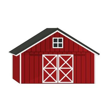 Vector doodle cartoon single red wooden barn house with triangular gray roof, Stock Illustration