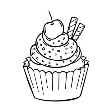 Vector doodle cupcake with cream hand drawn design. Sweet dessert with cherry Stock-Illustration