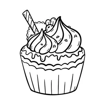 Vector doodle cupcake with cream hand drawn design. Sweet new year dessert with Stock Illustration