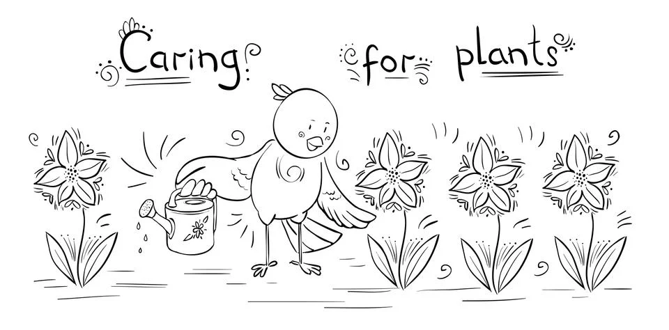 Vector doodle decor illustration Bird watering plants - caring Illustrazione stock