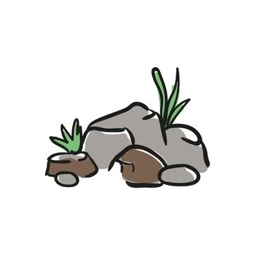 Vector doodle drawing of stones with grass, color isolated Illustrazione stock