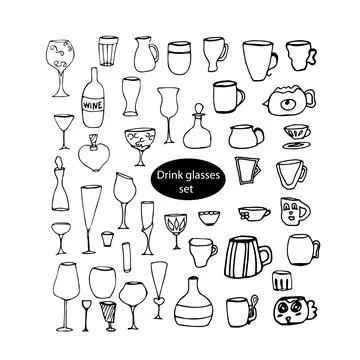 Vector doodle drink glasses set for kitchen, café, bar, restaurant Stock-Illustration