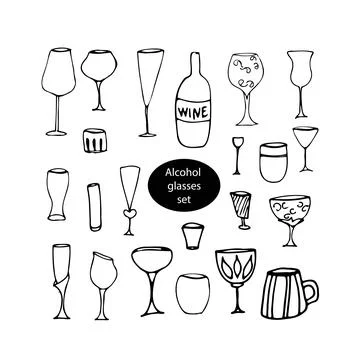 Vector doodle drink wine glasses set for kitchen, café, bar, restaurant Stock Illustration