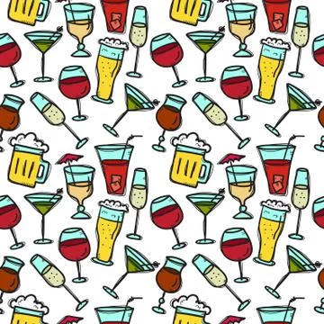 Vector doodle drinks seamless pattern. Beverages bright background. Stock-Illustration
