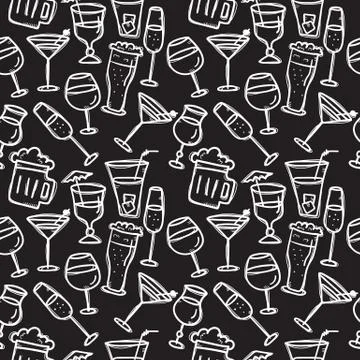 Vector doodle drinks seamless pattern. Beverages chalkboard background. Stock Illustration