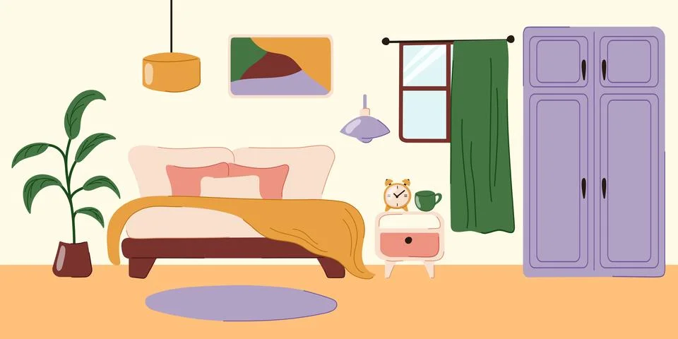 Vector doodle flat interior of bedroom. Living apartment with furniture - double Stock Illustration