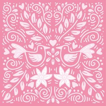 Vector doodle floral pattern with birds and flowers in pink background. Stock Illustration