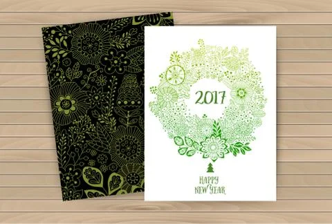 Vector doodle flowers colorful circular New Year wreath Stock Illustration