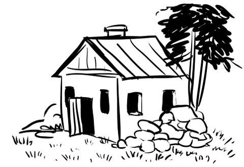 Vector doodle forester's house with mountain of stones Stock Illustration