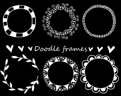 Vector doodle frames. White hand drawn set on black background Illustrazione stock