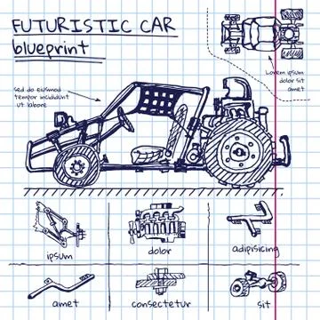 Vector doodle futuristic car scheme in exercise book Stock Illustration