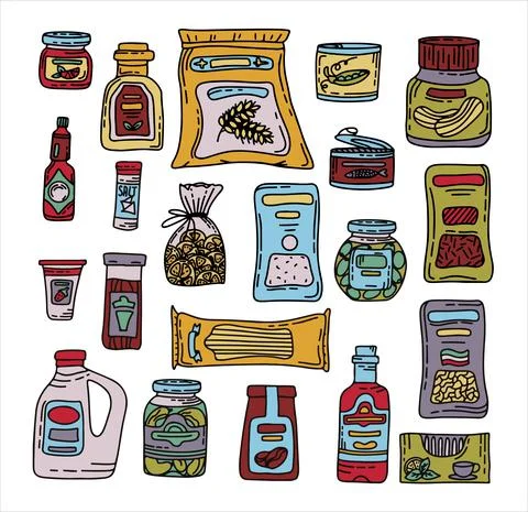 Vector doodle grocery store products. Hand drawn scetch icons. Food and drink Stock Illustration