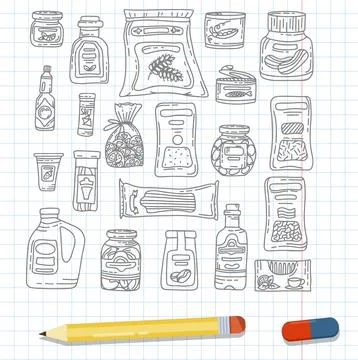 Vector doodle grocery store products. Hand drawn scetch icons. Food and drink Stock Illustration