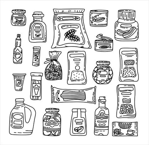 Vector doodle grocery store products. Hand drawn scetch icons. Food and drink Stock Illustration