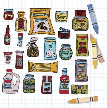 Vector doodle grocery store products. Hand drawn scetch icons. Food and drink Stock Illustration