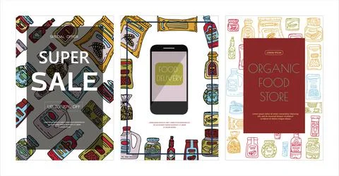 Vector doodle grocery store products. Hand drawn scetch banners. Food and drink Stock Illustration
