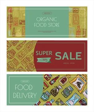 Vector doodle grocery store products. Hand drawn scetch banners. Food and drink Stock Illustration