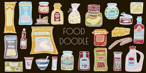 Vector doodle grocery store products. Hand drawn scetch icons. Food and drink Stock Illustration