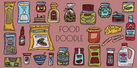 Vector doodle grocery store products. Hand drawn scetch icons. Food and drink 库存插图