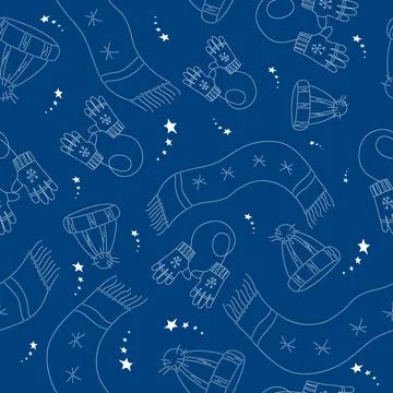 Vector doodle Hand-drawn Christmas pattern with hat, gloves, scarf and stars. Stock Illustration